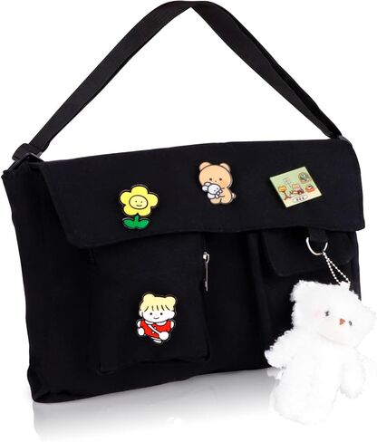 Canvas Messenger Bag with Kawaii Pins and Pendent for Women Girls Cute Crossbody Shoulder Bag with Multiple Pockets for School, Black in Kuwait