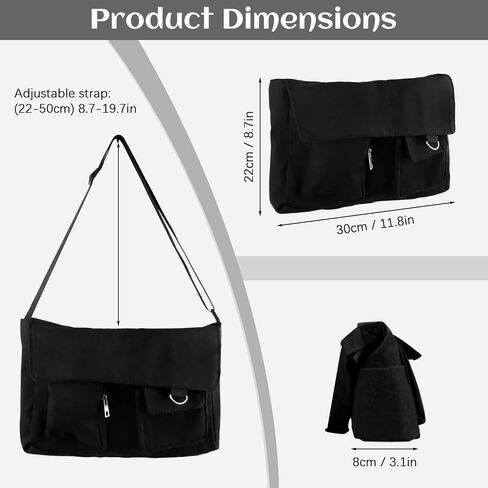 Canvas Messenger Bag with Kawaii Pins and Pendent for Women Girls Cute Crossbody Shoulder Bag with Multiple Pockets for School, Black in Kuwait