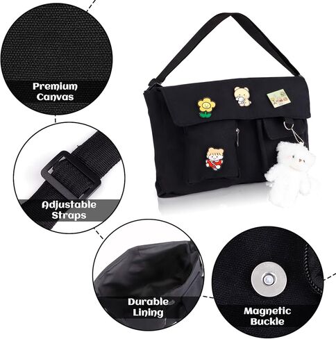 Canvas Messenger Bag with Kawaii Pins and Pendent for Women Girls Cute Crossbody Shoulder Bag with Multiple Pockets for School, Black in Kuwait