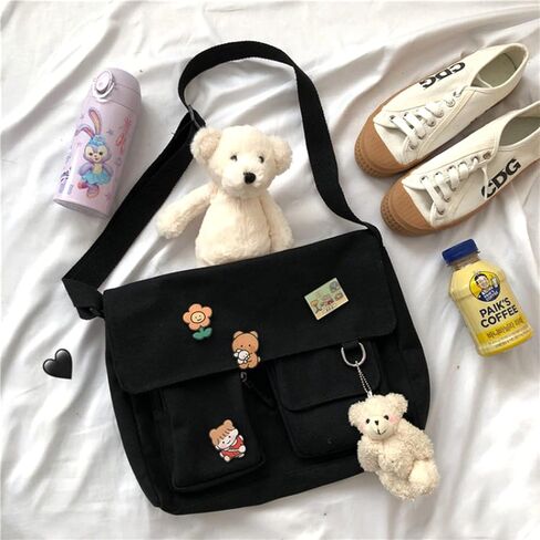 Canvas Messenger Bag with Kawaii Pins and Pendent for Women Girls Cute Crossbody Shoulder Bag with Multiple Pockets for School, Black in Kuwait