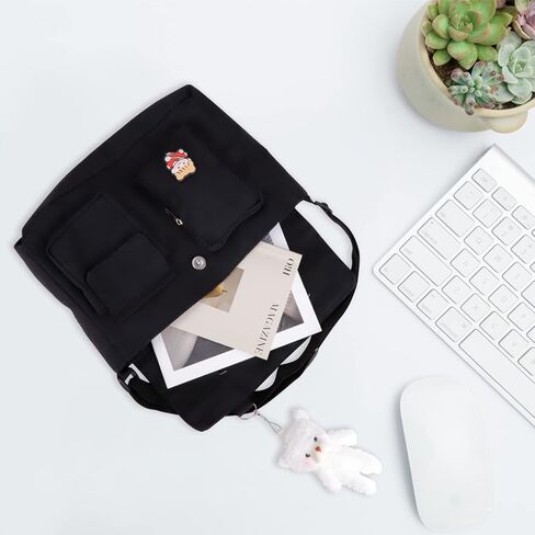 Canvas Messenger Bag with Kawaii Pins and Pendent for Women Girls Cute Crossbody Shoulder Bag with Multiple Pockets for School, Black in Kuwait