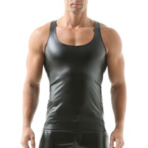 QiaTi Men's Faux Leather Undershirt Slim Fit Sleeveless Tank Top Nightclub Party Round Neck Shirts Muscle Top T-Shirts in Kuwait