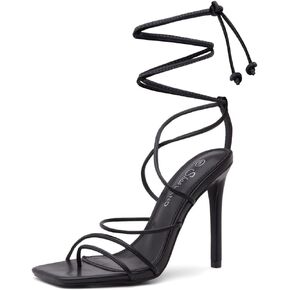 Shoe Land Womens SL-Finely Lace Up Heeled Sandals Tie Up Ankle Wrap Stiletto Heels Square Open Toe Strappy Straps Party Shoes