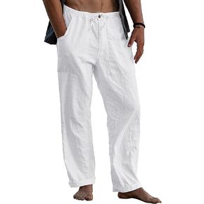 AUDATE Men's Linen Pants Casual Long Wide Pant Zipper Beach Pants Drawstring Trousers Yoga Pants with Pockets