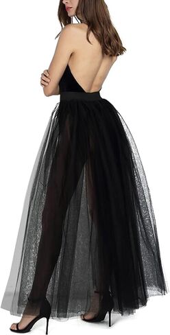 نسائي تول تنانير طويلة تنورة فوقية فستان ماكسي شبكي طبقة طول الأرض طبقات عالية الخصر مناسبة خاصة تنورة حفل زفاف أسود in Kuwait