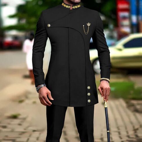 Men's 2 Pieces Suit Elegant Single Breated Slim Fit Embroidery Blazer Pants Set African Clothes Wedding in Kuwait