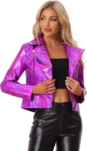 Allegra K Metallic Jacket for Women's Biker Shiny Holographic Jacket in Saudi Arabia