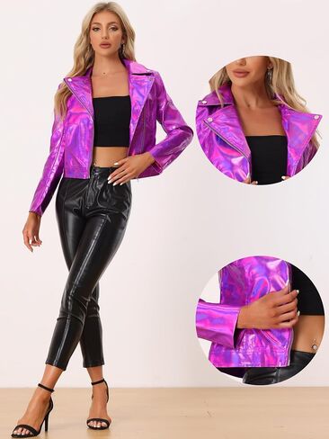 Allegra K Metallic Jacket for Women's Biker Shiny Holographic Jacket in Saudi Arabia