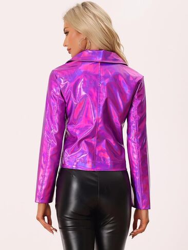 Allegra K Metallic Jacket for Women's Biker Shiny Holographic Jacket in Saudi Arabia