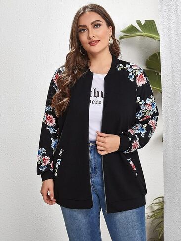 سترة نسائية من MakeMeChic خفيفة الوزن ومطبوعة بالزهور وأكمام طويلة وسحاب علوي ملابس خارجية in Kuwait