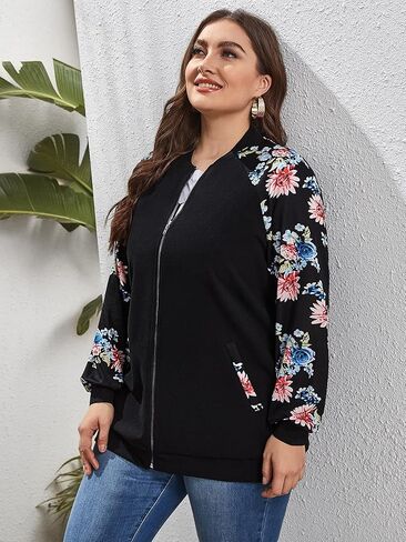 سترة نسائية من MakeMeChic خفيفة الوزن ومطبوعة بالزهور وأكمام طويلة وسحاب علوي ملابس خارجية in Kuwait