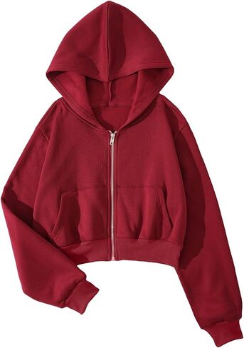 SHENHE Women's Casual Long Sleeve Zip Up Hoodie Jacket Drop Shoulder Crop Tops in Kuwait