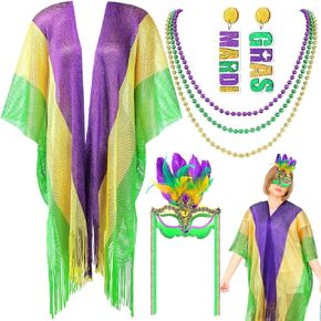 Cuffbow 6 Pcs Mardi Gras Costume Shawl Scarf Outfit for Women Feather Mardi Gras Mask Letter Dangle Earrings Beaded Necklaces for Masquerade Girls Party Supplies Photo Props in Kuwait