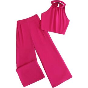 OYOANGLE Girl's 2 Piece Outfits Sleeveless Crop Halter Top and Wide Leg Pants Set Jumpsuit in Saudi Arabia