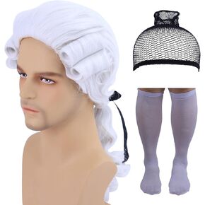 شعر مستعار رجالي من Cfalaicos، شعر مستعار كولونيال واشنطن للهالوين، شعر مستعار تنكري للمحامي، شعر مستعار مقاوم للحرارة (أبيض) in Kuwait