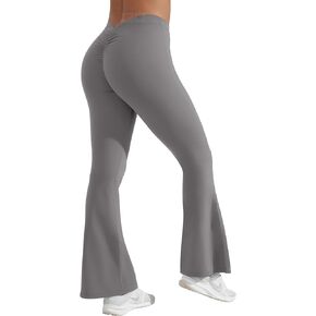 QOQ Womens Scrunch Flare Leggings V Back High Waisted Bootcut Yoga Pants Tummy Control Bell Bottom Leggings