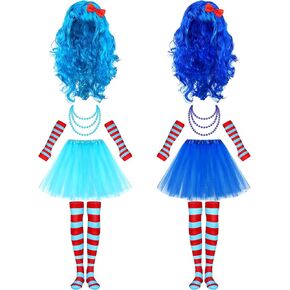 XunYee 10 Pcs Blue Long Curly Wig Funky Blue Thing Wig Tulle Tutus Skirts Long Knee Thigh High Striped Socks Arm Warmers Bead Necklace for Women Girls Adult Cosplay Party Supplies in Saudi Arabia