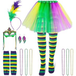 15PCS Mardi Gras Feather Headband Eye Mask Tutu Skirt Earrings Bead Necklaces Striped Gloves Stocking Tights for Women Girls Mardi Gras Outfit Accessories Set Mardi Gras Costumes Venetian Party Favors in Kuwait