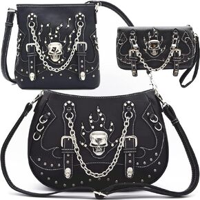 Punk Gothic Rock Metallic Skull Chain Purse Skeleton Leather Shoulder Bag Crossbody Bag Satchel Women Handbag Wallet Set in Kuwait