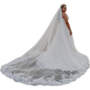 AMAJIERUIZE Womens Wedding Bridal Veil 3 Metres Long 1 Tier Cathedral Sequin Lace White With Metal Comb in Saudi Arabia