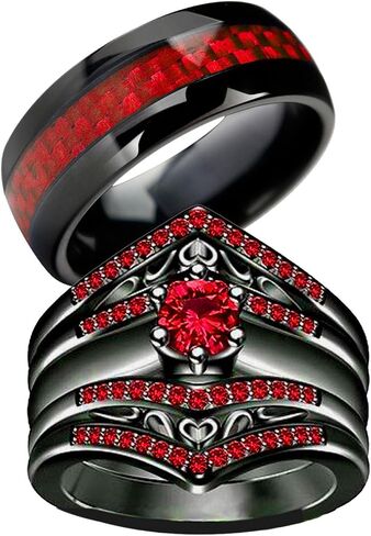 Two Rings His Hers Wedding Ring Sets Couples Matching Rings Women's 2pc Black Gold Plated Red CZ Wedding Engagement Ring Bridal Sets Men's Tungsten Carbide Band Wedding Band in Saudi Arabia