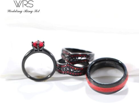 Two Rings His Hers Wedding Ring Sets Couples Matching Rings Women's 2pc Black Gold Plated Red CZ Wedding Engagement Ring Bridal Sets Men's Tungsten Carbide Band Wedding Band in Saudi Arabia
