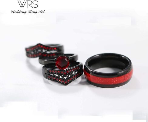 Two Rings His Hers Wedding Ring Sets Couples Matching Rings Women's 2pc Black Gold Plated Red CZ Wedding Engagement Ring Bridal Sets Men's Tungsten Carbide Band Wedding Band in Saudi Arabia