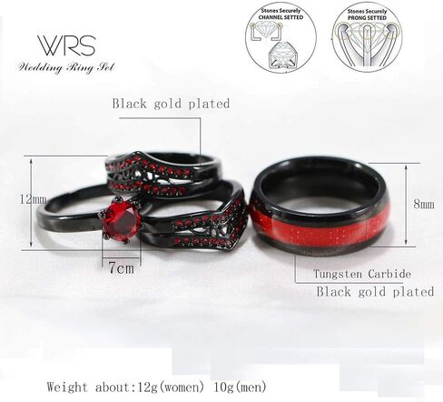 Two Rings His Hers Wedding Ring Sets Couples Matching Rings Women's 2pc Black Gold Plated Red CZ Wedding Engagement Ring Bridal Sets Men's Tungsten Carbide Band Wedding Band in Saudi Arabia
