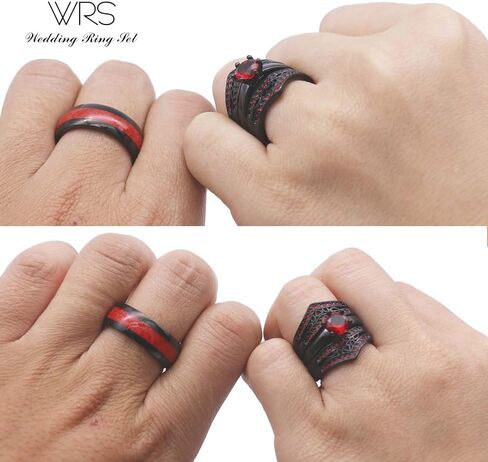 Two Rings His Hers Wedding Ring Sets Couples Matching Rings Women's 2pc Black Gold Plated Red CZ Wedding Engagement Ring Bridal Sets Men's Tungsten Carbide Band Wedding Band in Saudi Arabia