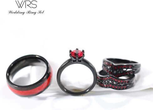 Two Rings His Hers Wedding Ring Sets Couples Matching Rings Women's 2pc Black Gold Plated Red CZ Wedding Engagement Ring Bridal Sets Men's Tungsten Carbide Band Wedding Band in Saudi Arabia