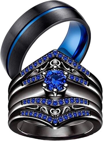 Two Rings His Hers Wedding Ring Sets Couples Matching Rings Women's 2pc Black Gold Plated Red CZ Wedding Engagement Ring Bridal Sets Men's Tungsten Carbide Band Wedding Band in Saudi Arabia