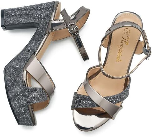 hingswink Womens Sparkly Platform Dress Sandals for Women Chunky Block Heel 3.8 Inch High Heels Open Toe with Strap for Women Comfortable Sexy Dressy Prom Wedding Party Evening Shoes in Saudi Arabia