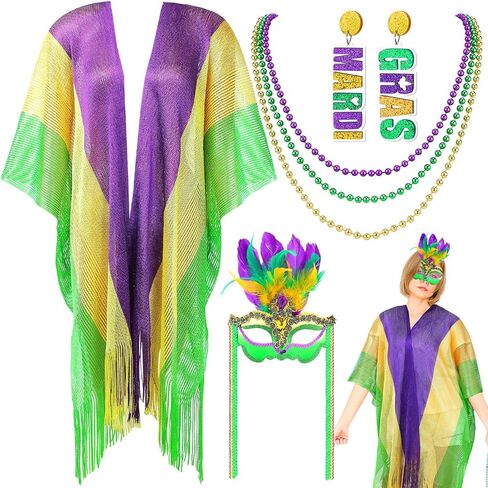 Cuffbow 6 Pcs Mardi Gras Costume Shawl Scarf Outfit for Women Feather Mardi Gras Mask Letter Dangle Earrings Beaded Necklaces for Masquerade Girls Party Supplies Photo Props in Kuwait