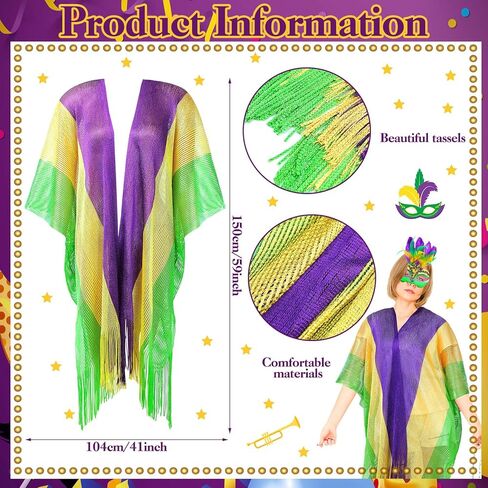 Cuffbow 6 Pcs Mardi Gras Costume Shawl Scarf Outfit for Women Feather Mardi Gras Mask Letter Dangle Earrings Beaded Necklaces for Masquerade Girls Party Supplies Photo Props in Kuwait