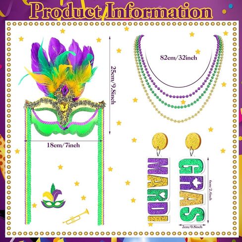 Cuffbow 6 Pcs Mardi Gras Costume Shawl Scarf Outfit for Women Feather Mardi Gras Mask Letter Dangle Earrings Beaded Necklaces for Masquerade Girls Party Supplies Photo Props in Kuwait