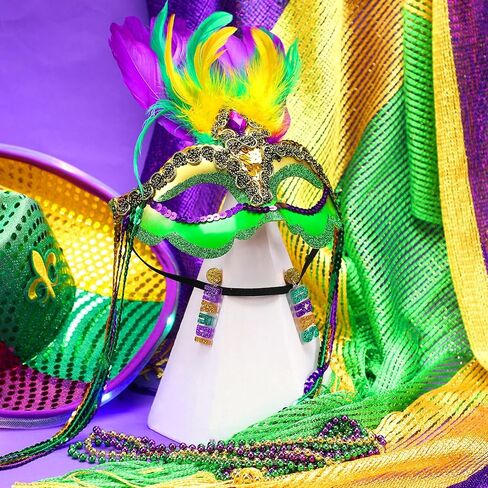 Cuffbow 6 Pcs Mardi Gras Costume Shawl Scarf Outfit for Women Feather Mardi Gras Mask Letter Dangle Earrings Beaded Necklaces for Masquerade Girls Party Supplies Photo Props in Kuwait
