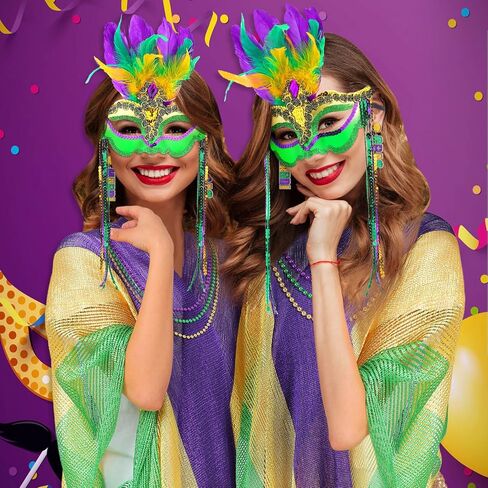 Cuffbow 6 Pcs Mardi Gras Costume Shawl Scarf Outfit for Women Feather Mardi Gras Mask Letter Dangle Earrings Beaded Necklaces for Masquerade Girls Party Supplies Photo Props in Kuwait