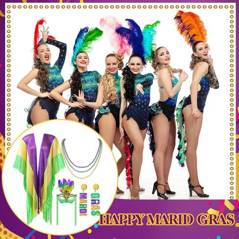Cuffbow 6 Pcs Mardi Gras Costume Shawl Scarf Outfit for Women Feather Mardi Gras Mask Letter Dangle Earrings Beaded Necklaces for Masquerade Girls Party Supplies Photo Props in Kuwait