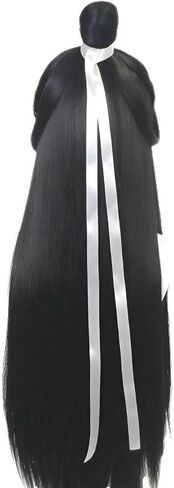 Gorgewg Long Black Wig TGCF Cosplay Xie Lian Costume Synthetic Hair with Detachable Bun and White Ribbon for Men in Kuwait