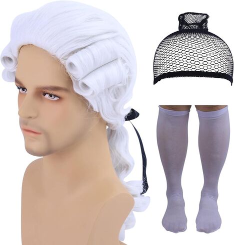 شعر مستعار رجالي من Cfalaicos، شعر مستعار كولونيال واشنطن للهالوين، شعر مستعار تنكري للمحامي، شعر مستعار مقاوم للحرارة (أبيض) in Kuwait