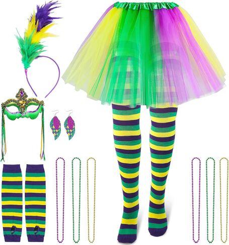 15PCS Mardi Gras Feather Headband Eye Mask Tutu Skirt Earrings Bead Necklaces Striped Gloves Stocking Tights for Women Girls Mardi Gras Outfit Accessories Set Mardi Gras Costumes Venetian Party Favors in Kuwait