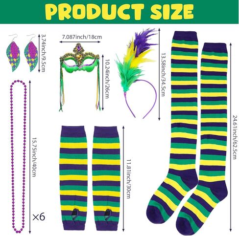 15PCS Mardi Gras Feather Headband Eye Mask Tutu Skirt Earrings Bead Necklaces Striped Gloves Stocking Tights for Women Girls Mardi Gras Outfit Accessories Set Mardi Gras Costumes Venetian Party Favors in Kuwait