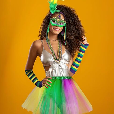 15PCS Mardi Gras Feather Headband Eye Mask Tutu Skirt Earrings Bead Necklaces Striped Gloves Stocking Tights for Women Girls Mardi Gras Outfit Accessories Set Mardi Gras Costumes Venetian Party Favors in Kuwait