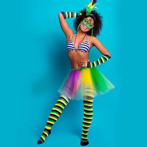 15PCS Mardi Gras Feather Headband Eye Mask Tutu Skirt Earrings Bead Necklaces Striped Gloves Stocking Tights for Women Girls Mardi Gras Outfit Accessories Set Mardi Gras Costumes Venetian Party Favors in Kuwait