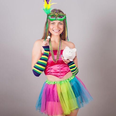 15PCS Mardi Gras Feather Headband Eye Mask Tutu Skirt Earrings Bead Necklaces Striped Gloves Stocking Tights for Women Girls Mardi Gras Outfit Accessories Set Mardi Gras Costumes Venetian Party Favors in Kuwait