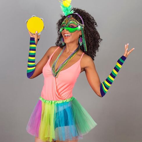 15PCS Mardi Gras Feather Headband Eye Mask Tutu Skirt Earrings Bead Necklaces Striped Gloves Stocking Tights for Women Girls Mardi Gras Outfit Accessories Set Mardi Gras Costumes Venetian Party Favors in Kuwait