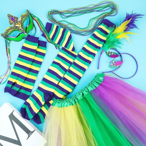 15PCS Mardi Gras Feather Headband Eye Mask Tutu Skirt Earrings Bead Necklaces Striped Gloves Stocking Tights for Women Girls Mardi Gras Outfit Accessories Set Mardi Gras Costumes Venetian Party Favors in Kuwait