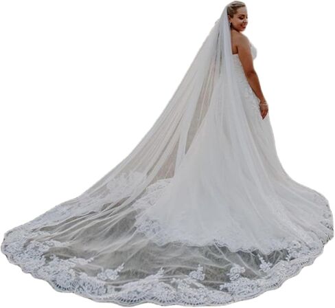 AMAJIERUIZE Womens Wedding Bridal Veil 3 Metres Long 1 Tier Cathedral Sequin Lace White With Metal Comb in Saudi Arabia