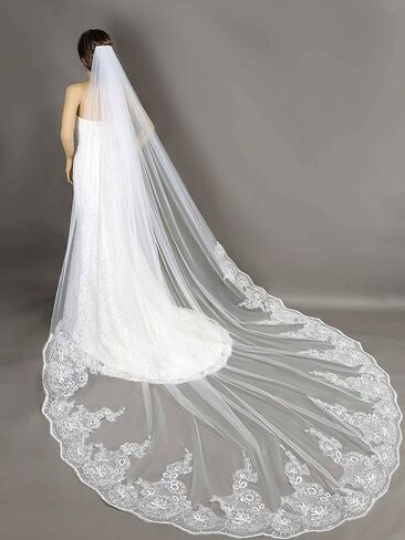 AMAJIERUIZE Womens Wedding Bridal Veil 3 Metres Long 1 Tier Cathedral Sequin Lace White With Metal Comb in Saudi Arabia