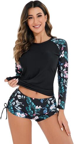 ملابس سباحة نسائية من Rashguard مُزينة بنقشة الزهور وسحاب وأكمام طويلة/أكمام قصيرة، بدلة سباحة وقميص Boyleg لركوب الأمواج in Kuwait